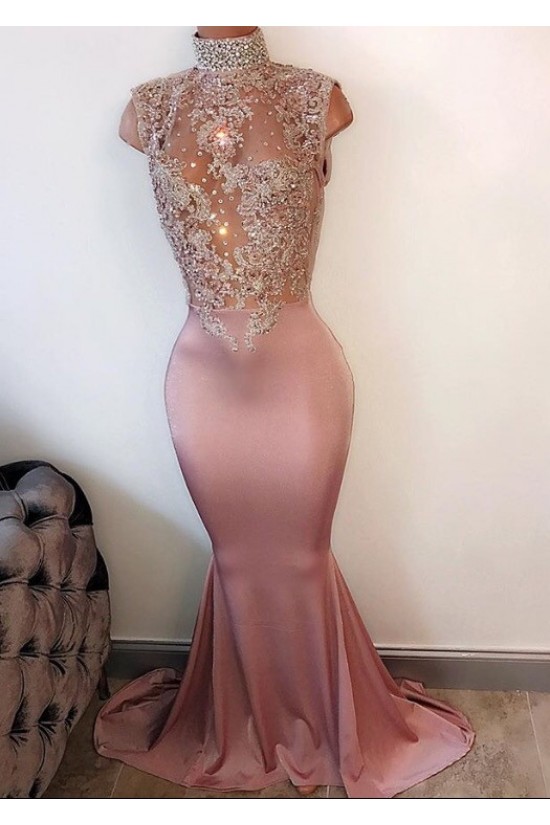 Gorgeous Mermaid High Neck Long Sleeves Applique Satin Prom Dresses main image 1