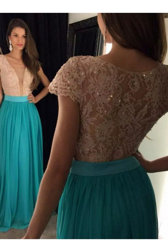 Cap Sleeves Lace Chiffon Long Prom Evening Dresses 3020605 Cap Sleeves Lace Chiffon Long Prom Evening Dresses 3020605