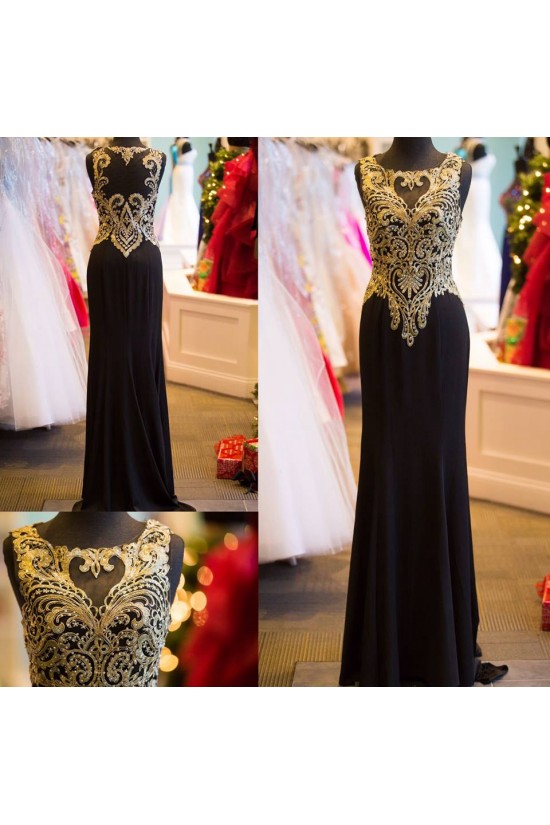 Long Black Beaded Prom Evening Formal Dresses with Gold Lace Appliques 3020607 Long Black Beaded Prom Evening Formal Dresses with Gold Lace Appliques 3020607