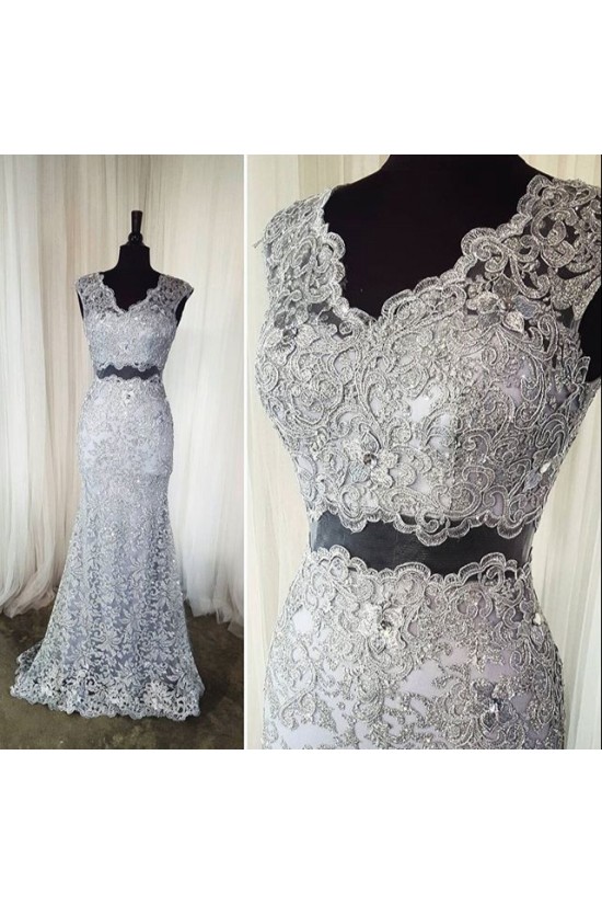 Two Pieces V-Neck Lace Long Prom Evening Party Dresses 3020620