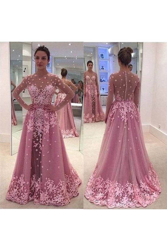 Long Sleeves Pink Lace Appliques Prom Evening Party Dresses 3020629 Long Sleeves Pink Lace Appliques Prom Evening Party Dresses 3020629