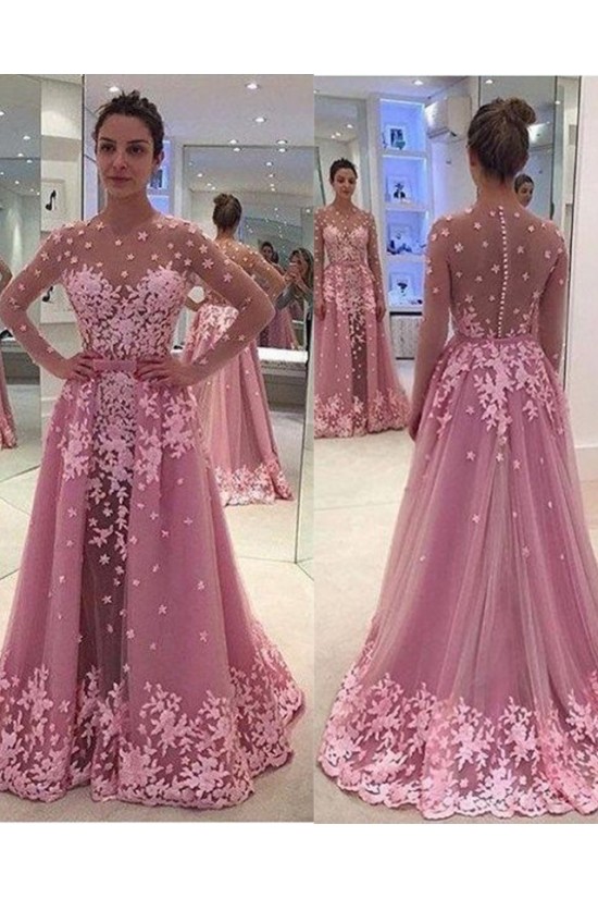 Long Sleeves Pink Lace Appliques Prom Evening Party Dresses 3020629 Long Sleeves Pink Lace Appliques Prom Evening Party Dresses 3020629
