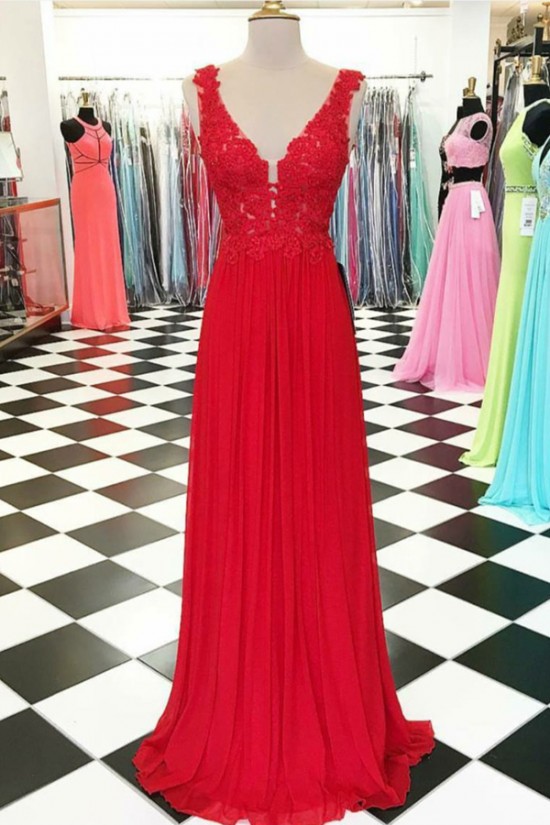 Long Red V-Neck Chiffon Lace Appliques Prom Evening Party Dresses 3020642 Long Red V-Neck Chiffon Lace Appliques Prom Evening Party Dresses 3020642