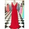 Long Red V-Neck Chiffon Lace Appliques Prom Evening Party Dresses 3020642