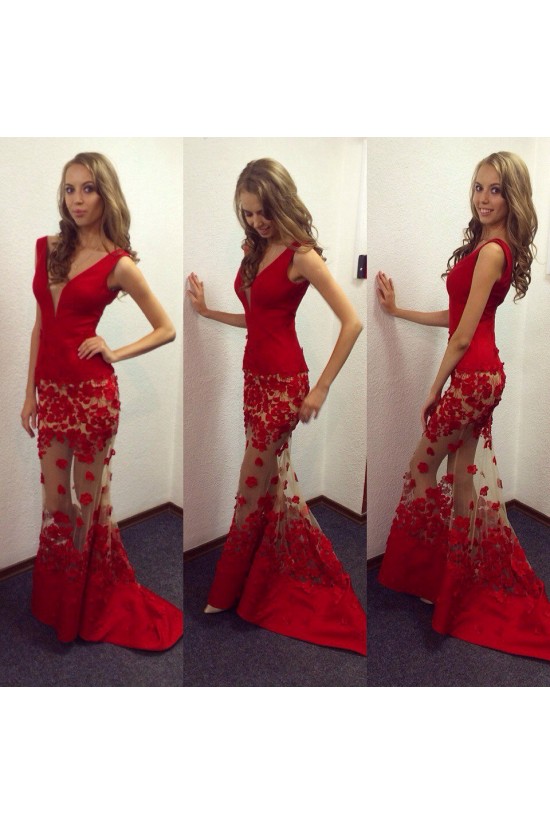 Sexy Mermaid Long Red V-Neck Lace Prom Evening Party Dresses 3020643 Sexy Mermaid Long Red V-Neck Lace Prom Evening Party Dresses 3020643