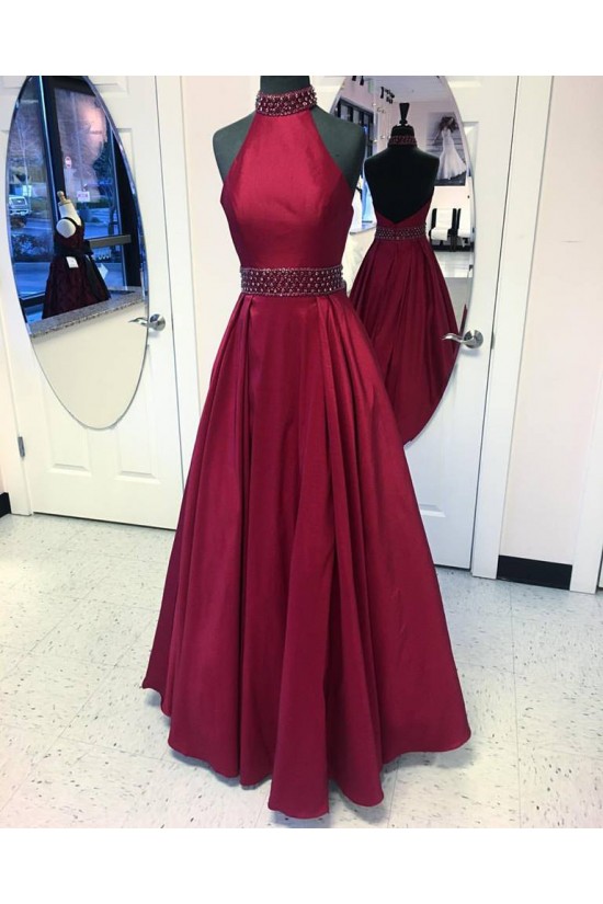A-Line Halter Beaded Long Prom Evening Party Dresses 3020652