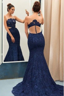 Mermaid Long Blue Lace Prom Evening Party Dresses 3020676