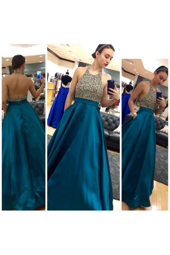 A-Line Halter Beaded Long Prom Evening Party Dresses 3020678