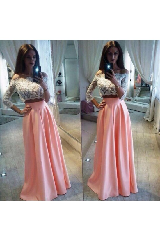 Two Pieces Off-the-Shoulder Lace Pink White Prom Evening Party Dresses 3020681 Two Pieces Off-the-Shoulder Lace Pink White Prom Evening Party Dresses 3020681