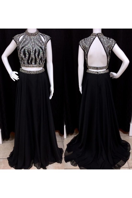 Long Black Two Pieces Beaded Chiffon Prom Evening Party Dresses 3020683