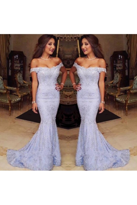 Off Shoulder Red Lace Mermaid Short Sleeve Long Evening Prom Dresses, 17635 main image 0