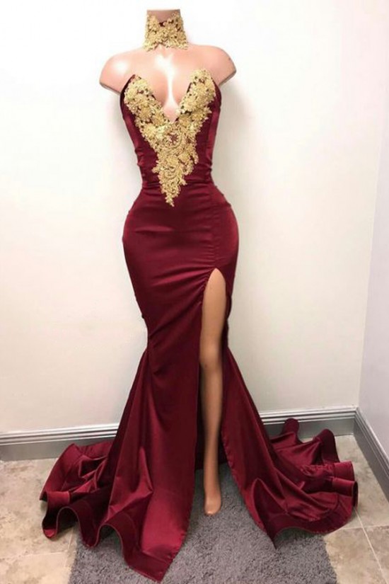 Sexy Mermaid Long Prom Evening Party Dresses with Gold Lace Appliques 3020702 Sexy Mermaid Long Prom Evening Party Dresses with Gold Lace Appliques 3020702