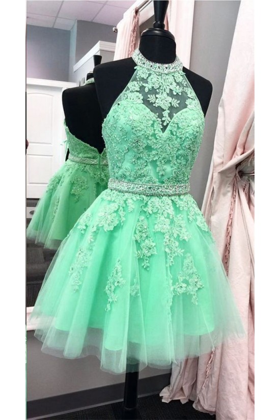 Halter Short Green Beaded Lace Prom Party Homecoming Graduation Dresses 3020706