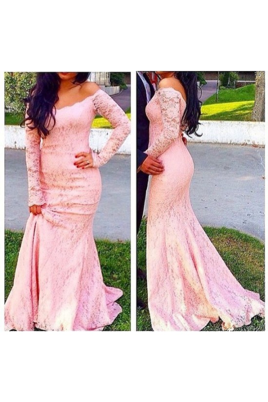 Mermaid Long Sleeves Pink Off-the-Shoulder Lace Prom Evening Party Dresses 3020716 Mermaid Long Sleeves Pink Off-the-Shoulder Lace Prom Evening Party Dresses 3020716