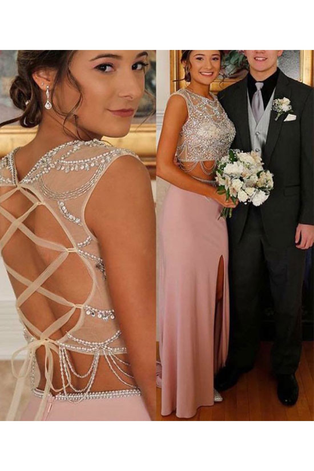 2 Pieces Prom Dresses, Beaded Prom Dresses, Satin Prom Dresses, Cheap Prom Dresses, PD0606