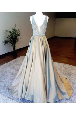 A-Line Beaded V-Neck Long Prom Dresses Party Evening Gowns 3020753