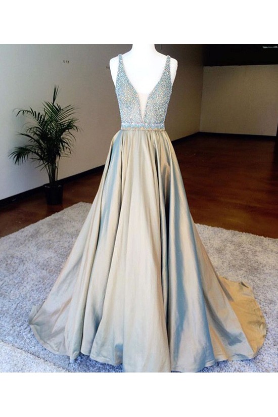 A-Line Beaded V-Neck Long Prom Dresses Party Evening Gowns 3020753