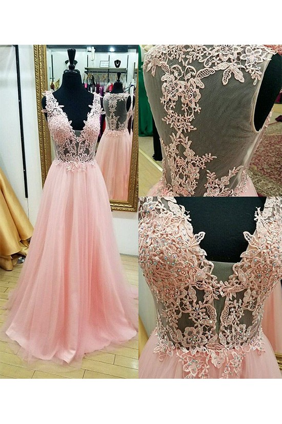 A-Line Beaded Lace V-Neck Long Pink Prom Dresses Party Evening Gowns 3020755 A-Line Beaded Lace V-Neck Long Pink Prom Dresses Party Evening Gowns 3020755