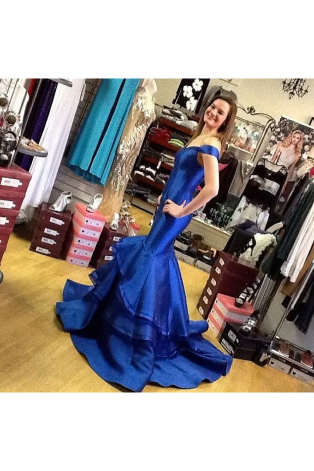 Mermaid Off The Shoulder Long Blue Simple Charming Prom Dresses C174 main image 1