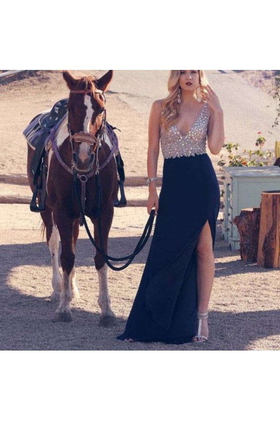 Sheath V-Neck Long Navy Blue Prom Formal Evening Party Dresses 3020775 Sheath V-Neck Long Navy Blue Prom Formal Evening Party Dresses 3020775