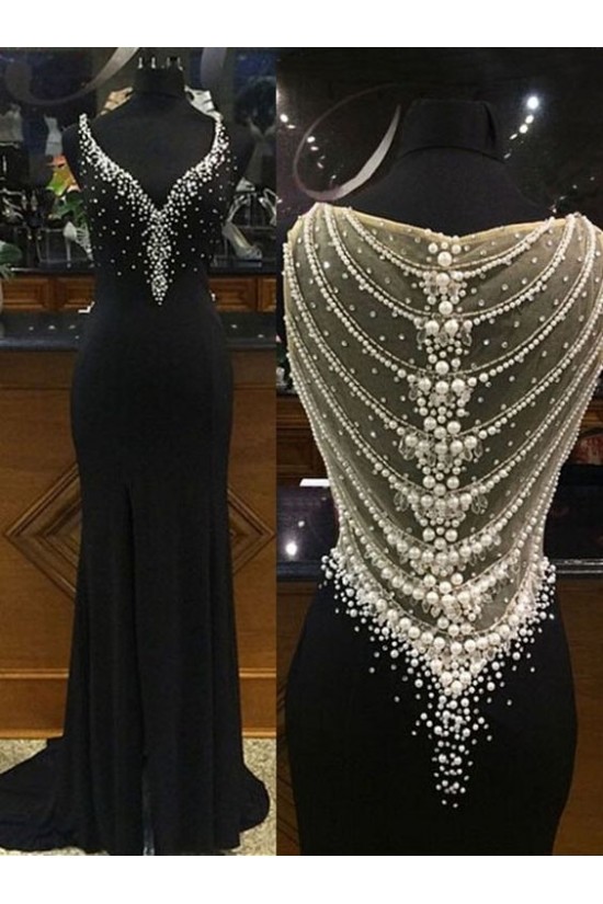 Long Black Beaded Prom Formal Evening Party Dresses 3020794