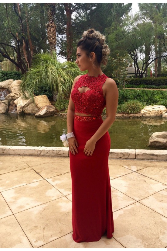 Mermaid Two Pieces Beaded Red Lace Prom Formal Evening Party Dresses 3020811