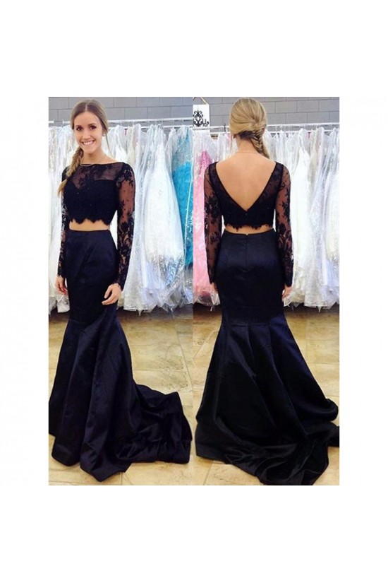 Two Pieces Long Sleeves Mermaid Lace Navy Blue Prom Formal Evening Party Dresses 3020822 Two Pieces Long Sleeves Mermaid Lace Navy Blue Prom Formal Evening Party Dresses 3020822