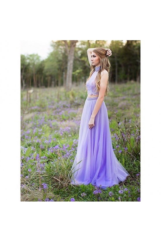 Two Pieces High Neck Lace Beaded Prom Formal Evening Party Dresses 3020828