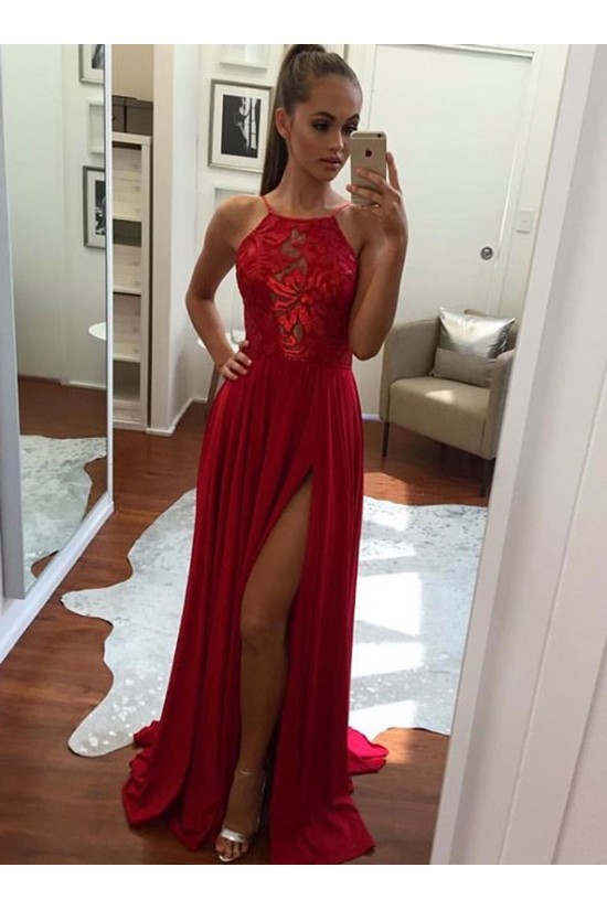 Long Red Lace Chiffon Prom Formal Evening Party Dresses 3020855