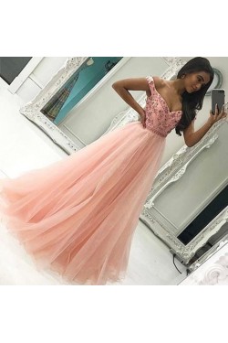 Beaded Long Pink Off-the-Shoulder Prom Formal Evening Party Dresses 3020859