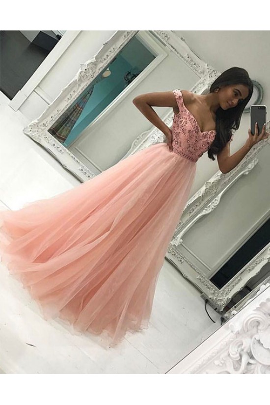 Beaded Long Pink Off-the-Shoulder Prom Formal Evening Party Dresses 3020859