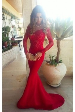 Long Sleeves Lace Mermaid Off-the-Shoulder Long Red Prom Formal Evening Party Dresses 3020880