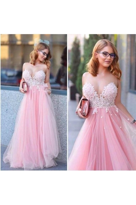 Long Pink Tulle White Lace Appliques Prom Formal Evening Party Dresses 3020904 Long Pink Tulle White Lace Appliques Prom Formal Evening Party Dresses 3020904