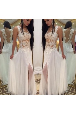 Long White Lace and Chiffon Prom Formal Evening Party Dresses 3020906