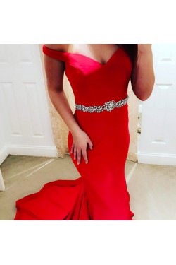 Mermaid Off-the-Shoulder Beaded Long Red Prom Formal Evening Party Dresses 3020928