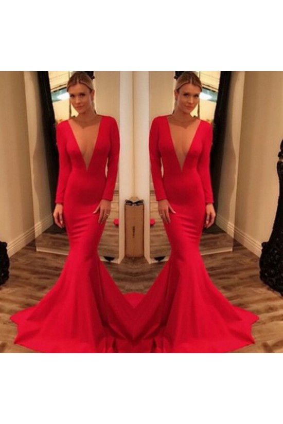 Mermaid Long Sleeves Deep V-Neck Prom Formal Evening Party Dresses 3020939