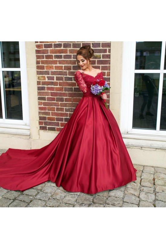 Ball Gown Long Red Long Sleeves Lace Off-the-Shoulder Prom Formal Evening Party Dresses 3020956 Ball Gown Long Red Long Sleeves Lace Off-the-Shoulder Prom Formal Evening Party Dresses 3020956