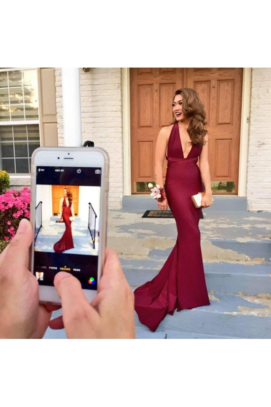 Deep V-Neck Halter Mermaid Long Burgundy Prom Formal Evening Party Dresses 3020957 Deep V-Neck Halter Mermaid Long Burgundy Prom Formal Evening Party Dresses 3020957