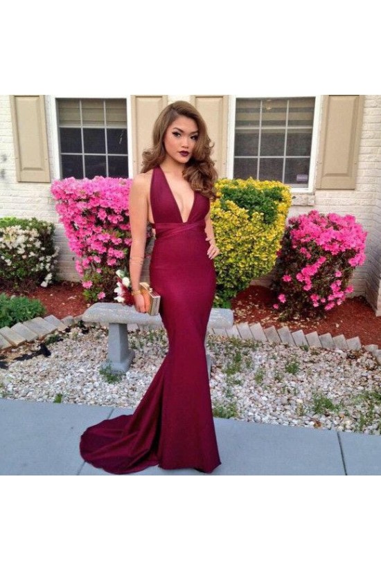 Deep V-Neck Halter Mermaid Long Burgundy Prom Formal Evening Party Dresses 3020957 Deep V-Neck Halter Mermaid Long Burgundy Prom Formal Evening Party Dresses 3020957