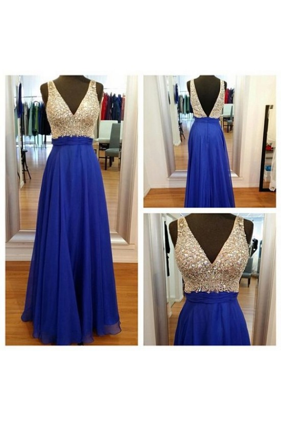 A-Line V-Neck Long Blue Beaded Prom Formal Evening Party Dresses 3020988 A-Line V-Neck Long Blue Beaded Prom Formal Evening Party Dresses 3020988