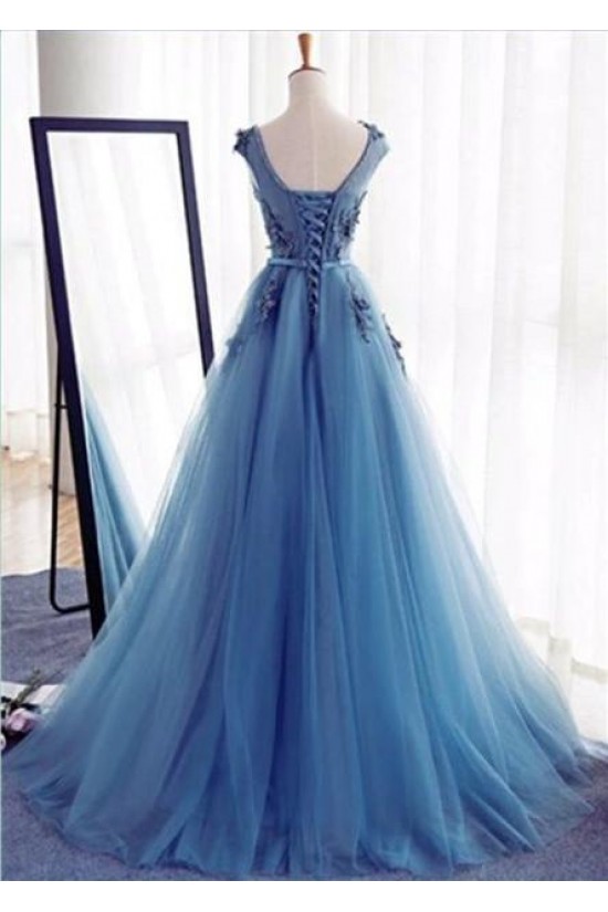 A-Line Long Blue Lace Prom Dresses Formal Evening Dresses 601015 A-Line Long Blue Lace Prom Dresses Formal Evening Dresses 601015