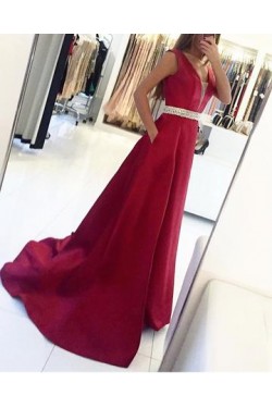 A-Line Beaded V-Neck Long Prom Dresses Formal Evening Dresses 601035