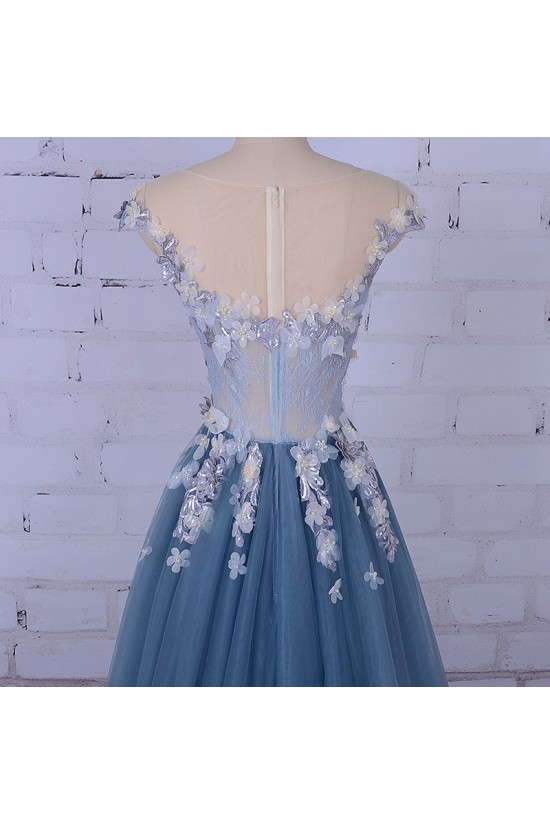 Long Lace and Tulle Prom Dresses Formal Evening Dresses with Flowers 601039 Long Lace and Tulle Prom Dresses Formal Evening Dresses with Flowers 601039