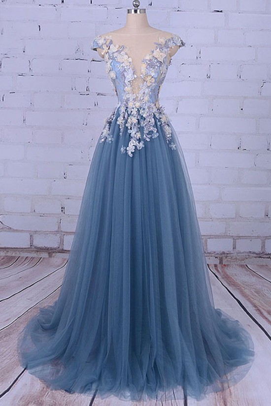 Long Lace and Tulle Prom Dresses Formal Evening Dresses with Flowers 601039 Long Lace and Tulle Prom Dresses Formal Evening Dresses with Flowers 601039