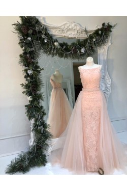 Long Pink Lace Tulle Prom Dresses Formal Evening Dresses 601049