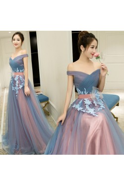 A-Line Off-the-Shoulder Tulle Long Prom Dresses Formal Evening Dresses 601050