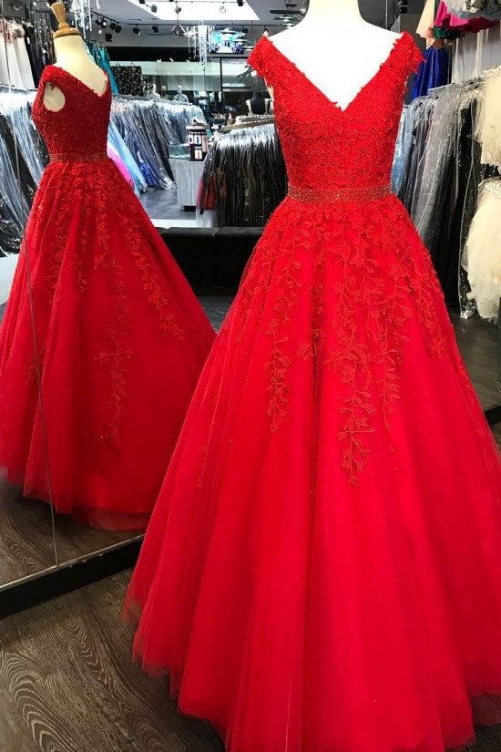 Long Pink V-Neck Lace Beaded Prom Dresses Formal Evening Dresses 601058