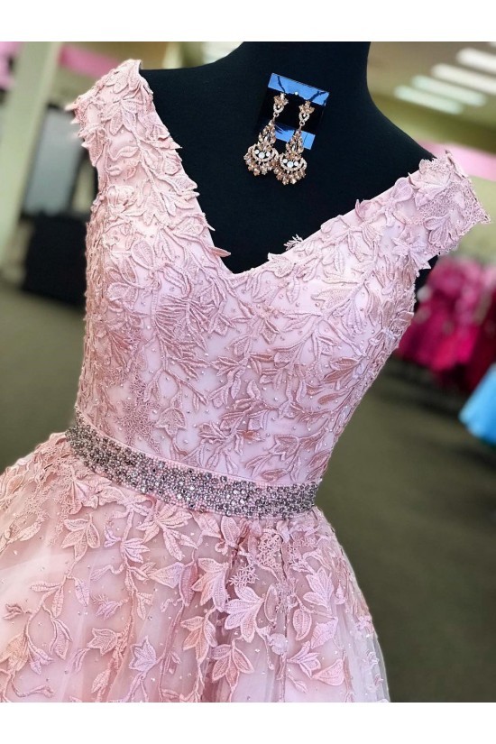 Long Pink V-Neck Lace Beaded Prom Dresses Formal Evening Dresses 601058