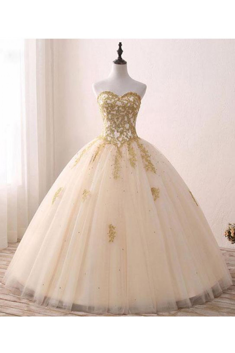 MisShow Women's Gold Appliques Evening Formal Dress Chiffon Lace Prom Long Ball Gown main image 0