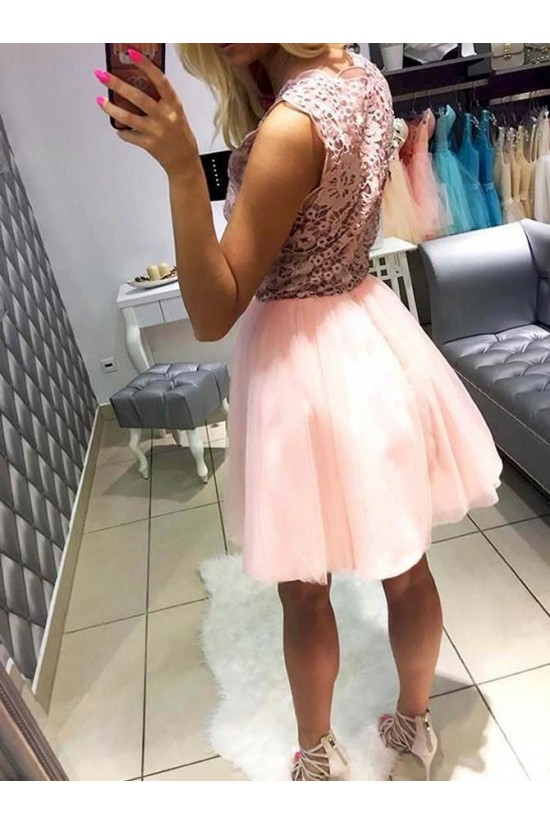 A-Line Short Pink Lace Prom Dresses Formal Evening Dresses 601073 A-Line Short Pink Lace Prom Dresses Formal Evening Dresses 601073